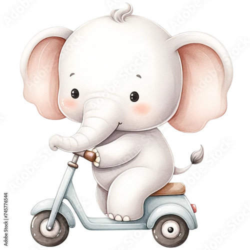 cute watercolor animal riding scooter