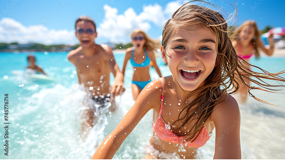 Happy children in swimwear laughing and splashing in crystal clear ocean waters on a sunny day.
Happy children in swimwear laughing and splashing in crystal clear ocean waters on a sunny day.