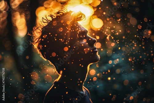 A man gazes upward with a sense of wonder, captured in a screenshot as the light illuminates his face photo