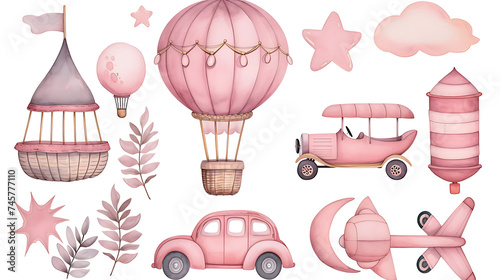 Delicate pink watercolor set with vintage vehicles and sky elements, ideal for nursery decor and creative projects.
