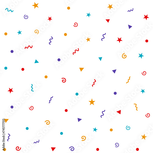 Cute small confetti seamless vector pattern on white background. Colorful cheerful design.