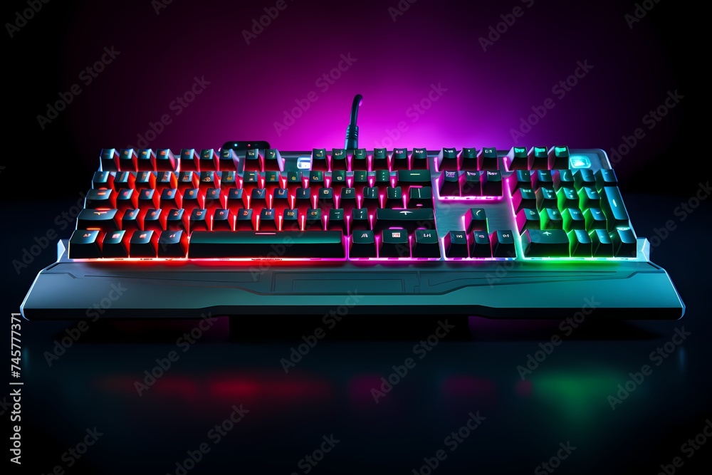 Top-down shot of a high-end gaming keyboard with dynamic RGB lighting effects Top-down shot of a high-end gaming keyboard with dynamic RGB lighting effects