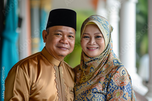 Portrait of a Malay Muslim couple welcoming their guest for the celebration of Hari Raya 