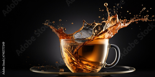 Close-up view of a stream of tea pouring into a cup, Cup of tea on black background