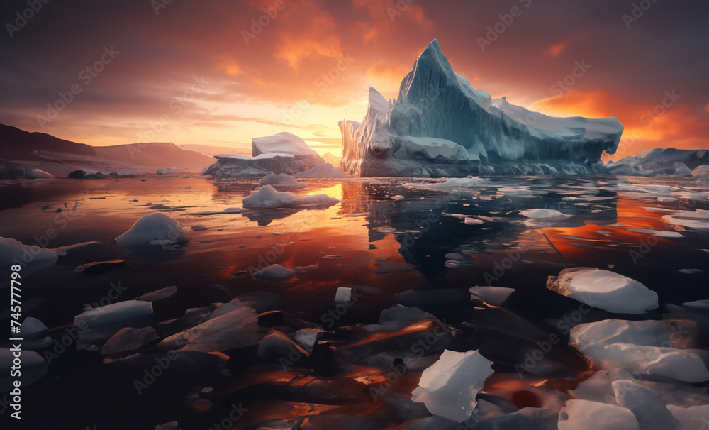 Arctic Majesty at Sunset, Created with Generative AI Technology
