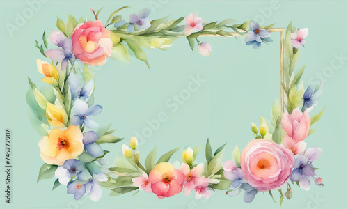 Watercolor floral frame with spring flowers on aquamarine background