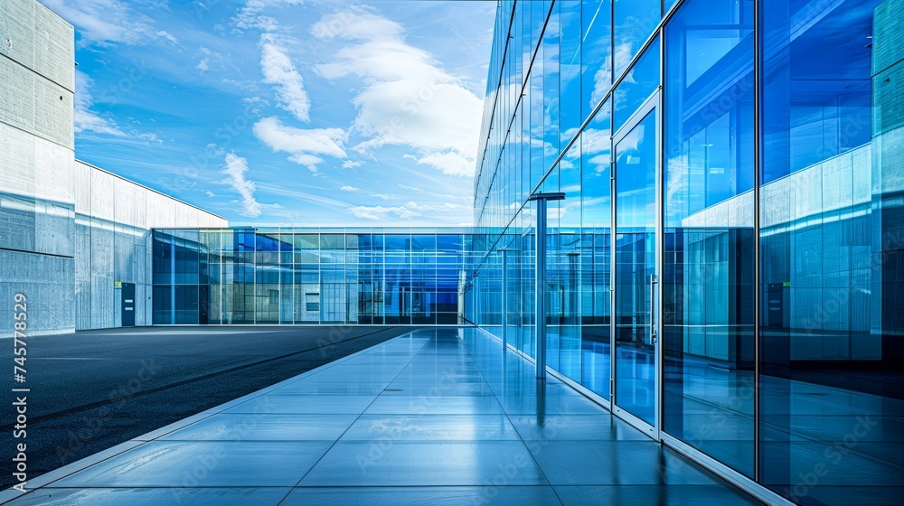 A stunning glass building stands tall against a vibrant blue sky, reflecting the beauty of the clouds and showcasing its unique architecture in the outdoor landscape A stunning glass building stands tall against a vibrant blue sky, reflecting the beauty of the clouds and showcasing its unique architecture in the outdoor landscape