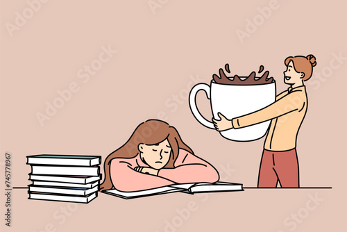 Woman brings lot of coffee to tired female student sitting at table with books to prepare for exams. People drink many of coffee to restore strength and increase concentration when studying