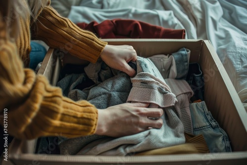 A woman organizing her clothes in a box while standing next to her bed indoors