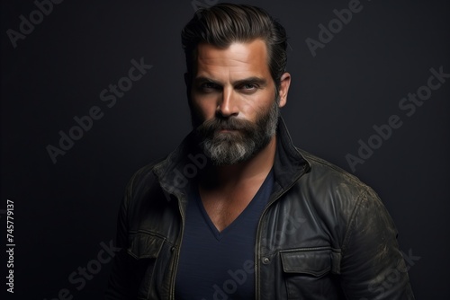 Portrait of handsome bearded man in black leather jacket. Men's beauty, fashion.