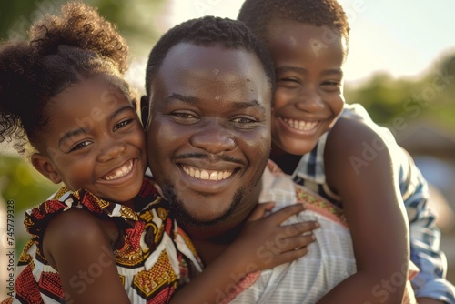 African father and his children smiling, in the style of humanistic empathy, reductionist form, dark brown and light brown, International Day of Family Remittances. photo