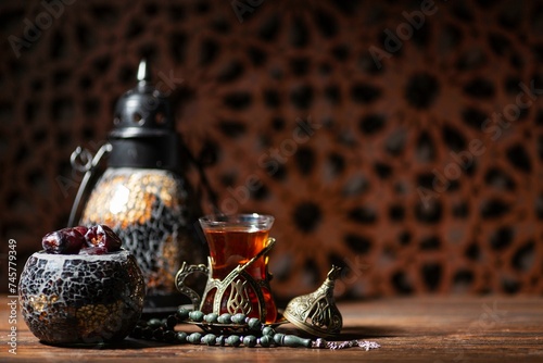 Islamic new year decoration with tea and dates