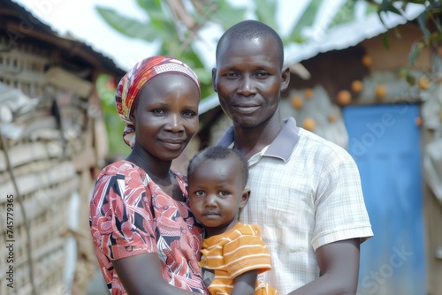 Man and woman with toddler son in uganda, shallow depth of field, light orange and dark gray, celebration of rural life, dignified poses, prismatic portraits, crimson and azure.