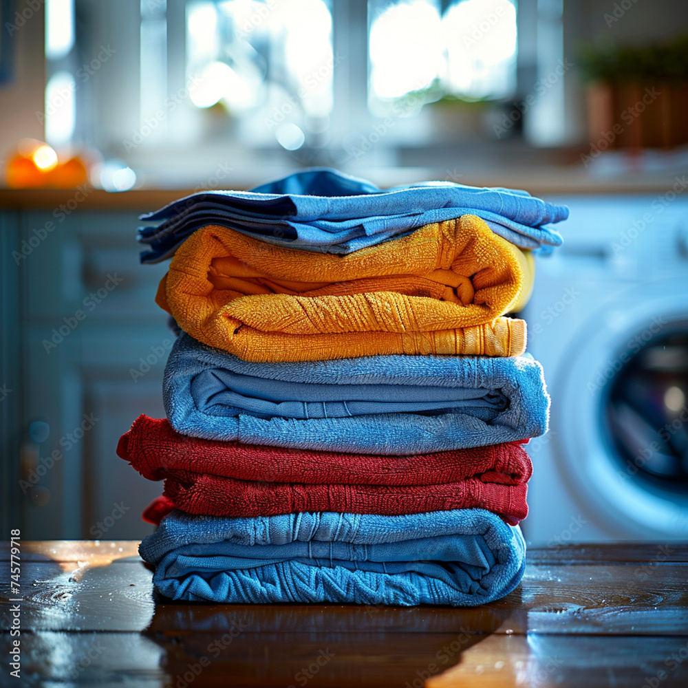 Stack of clothes in front of a washing machine in the laundry room ...