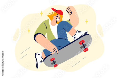 Teenage girl rides skateboard, doing extreme tricks and enjoying active form of recreation