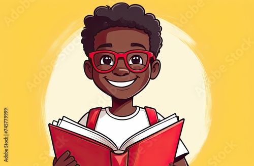 Adorable African little boy in glasses with a red book and a backpack on a yellow background. Back to school.