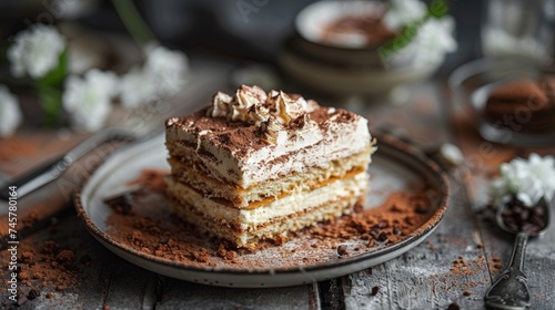 Wallpaper Mural Slice of classic tiramisu dusted with cocoa powder on a  ceramic plate, decorated by cream roses, at the backdrop of rustic kitchen Torontodigital.ca