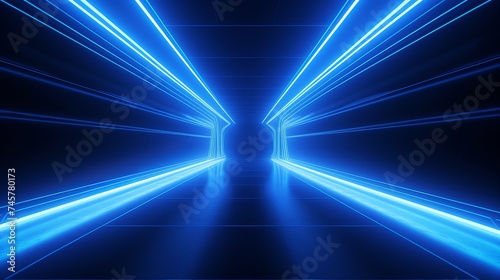 Tunnel in blue neon light, underground passage. Abstract blue background. Background of an empty black corridor with neon light. Abstract background with lines and glow