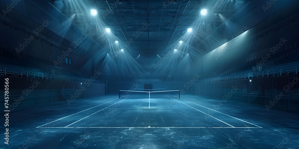 A dimly lit stadium with a stage and smoke coming out of the ceiling, A dimly lit tennis court with a net and lights in the background - obrazy, fototapety, plakaty 