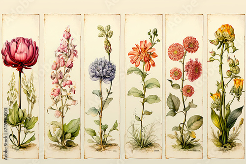 Vintage floral greeting cards. of flowers, orchid, tulip, frame, wild flowers, plants and leaves on vintage paper for background, AI generative.