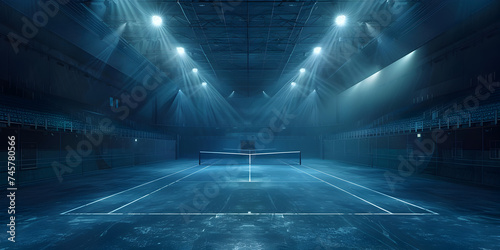 A dimly lit stadium with a stage and smoke coming out of the ceiling, A dimly lit tennis court with a net and lights in the background