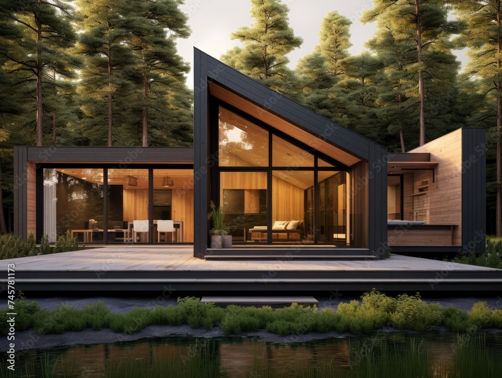 Fototapeta premium Modern House Overlooking Lake
