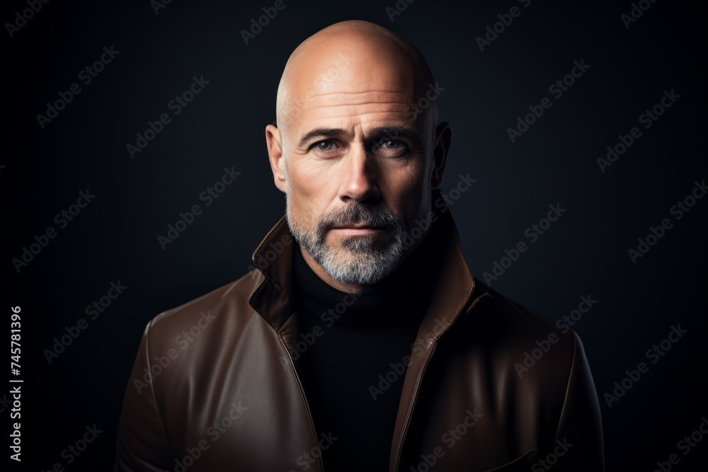Portrait of an old man in a brown leather jacket on a dark background.