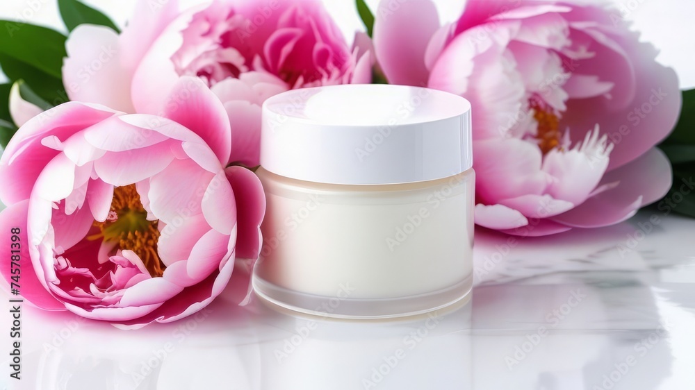 Face or body care cream surrounded by delicate peonies, beauty, natural cosmetics Face or body care cream surrounded by delicate peonies, beauty, natural cosmetics