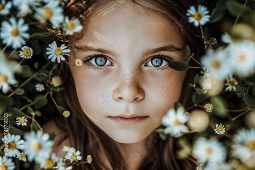 A youthful woman with striking blue eyes and a smattering of freckles is surrounded by a beautiful array of colorful flowers in this outdoor portrait photo