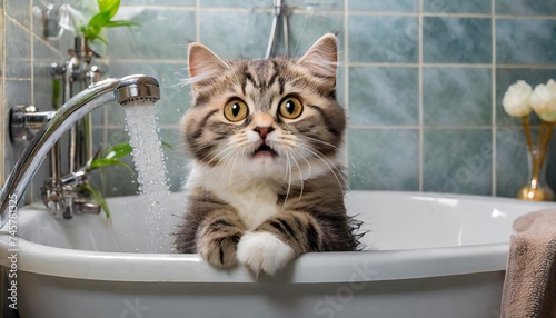 Generated image of cute cat is afraid to take a bath in the bathroom