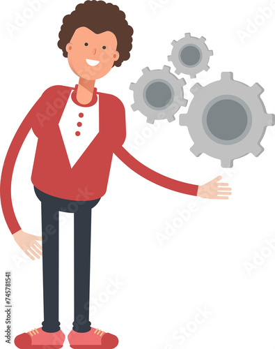 Frizzy Hair Man Character Holding Gears
