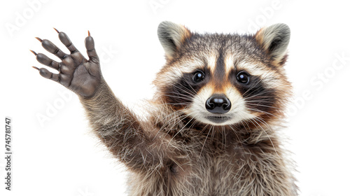 A curious raccoon, a member of the procyonidae family, stands on its hind legs with its hand raised, showcasing its sharp snout and wild mammal instincts