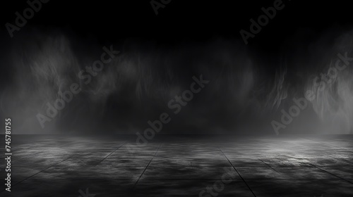 Abstract image of dark room concrete floor. Black room or stage background for product placement.Panoramic view of the abstract fog. White cloudiness, mist or smog moves on black background.