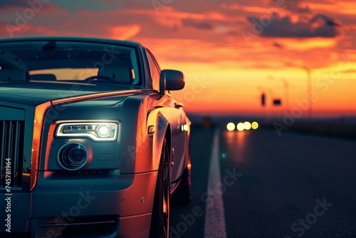Free photo luxurious car parked on the highway with an illuminated headlight at sunset © Esha