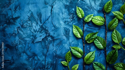 A vibrant painting of a lush green leaf against a tranquil blue background, capturing the beauty of nature through art