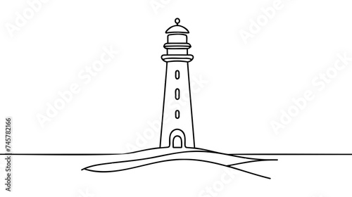 Continuous one simple single abstract line drawing of lighthouse icon in silhouette on a white background. Linear stylized
