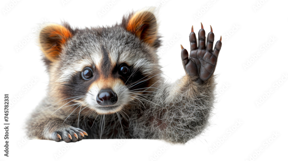 A curious raccoon stands on its hind legs with its paw raised, showcasing its fluffy fur and distinctive snout as a member of the procyonidae family in the wild