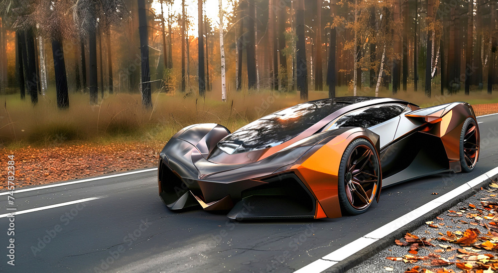Futuristic sports car gracefully cruises along an autumn road. Perfect image for promoting automotive innovations, high-tech gadgets, and urban lifestyle concept.