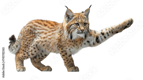 A majestic bobcat stands alert with its paw raised, showcasing its feline grace and wild nature photo