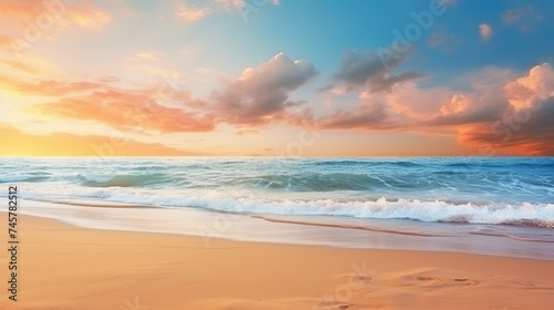 Beautiful sea summer or spring abstract background. Golden sand beach with blue ocean and cloudscape and sunset in the back