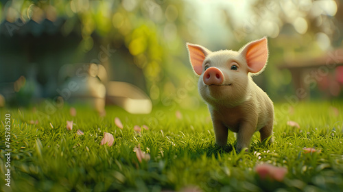 Cute little pig on green grass