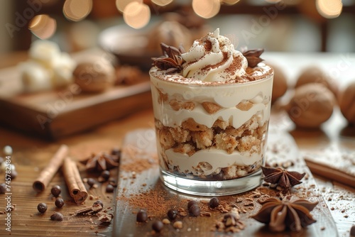 Rustic tiramisu trifle in a glass, layered with crumbled cookies, cream, and dusted with cocoa powder, accompanied by cinnamon sticks and star anise on a wooden table