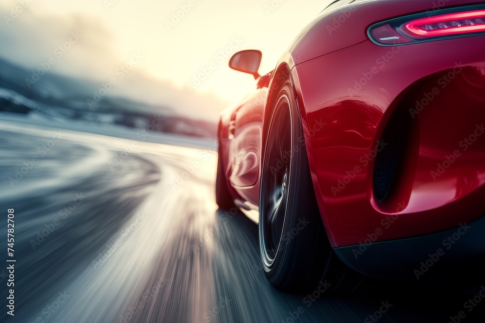 Naklejka premium Red luxury sports car on an asphalt road with a blurred background of trees and sky.