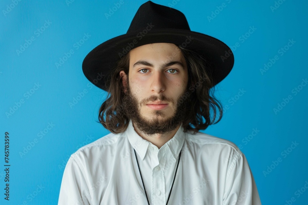 Portrait of a young orthodox Jewish men isolated on blue studio