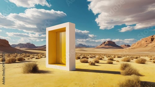 3d render, Surreal desert landscape with white clouds going into the yellow square portals on sunny day. Modern minimal abstract background