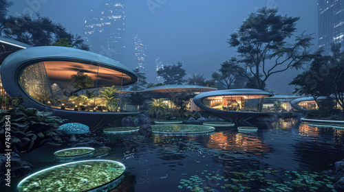 Bioluminescent flora and fauna illuminate a futuristic underwater habitat merging natural glow with advanced aquatic living