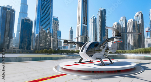 Futuristic helicopter taxi on a skyscraper rooftop in the morning. Cutting-edge transport for urban mobility and innovative travel. photo