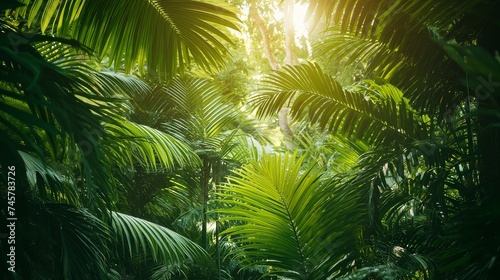 Lush Green Jungle Foliage Creating a Serene and Tranquil Background in Sunlit Atmosphere