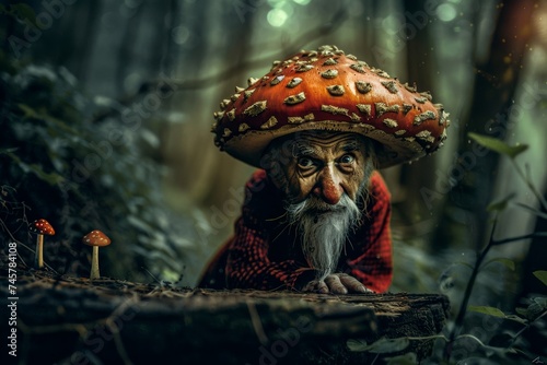 A man wearing a mushroom hat stands in the midst of a lush forest, capturing the essence of the outdoors in his portrait