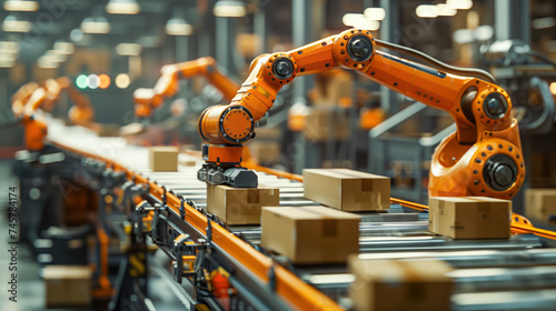 Robotic arms efficiently move boxes along a conveyor belt in a modern sorting center